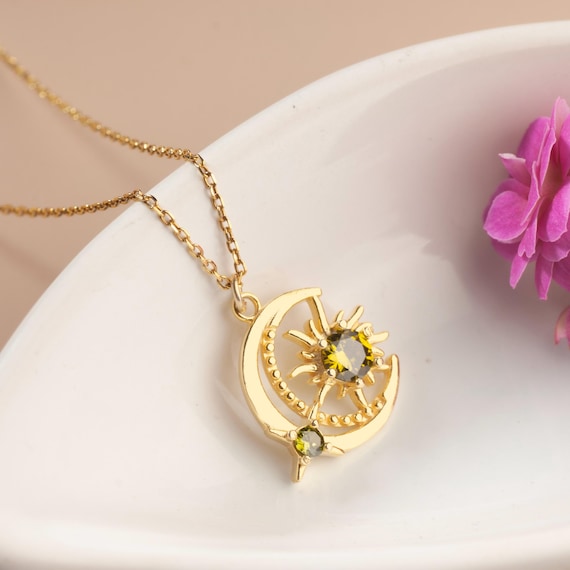 Sun Moon Necklace – Celestial Crescent Pendant with Sunburst & Green Crystal, Dainty Gold-Tone Jewelry, Astrology Gift for Her