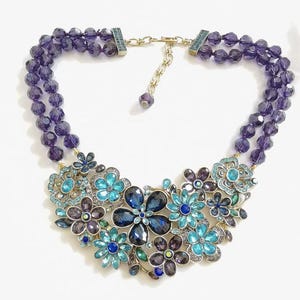 Colar Vintage H eidi Daus Roxo com Contas e Cristais Azuis Usado, Achados Raros, Colecionáveis