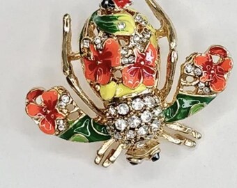 Broche Vintage Joan Rivers - Abeille En émail Rouge Et Vert, Or Et Strass - Occasion