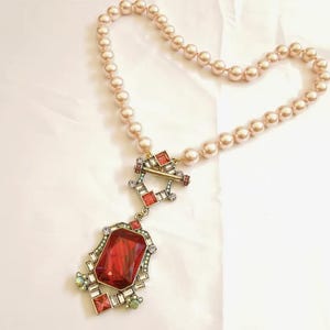 Preloved Vintage H eidi Daus Rosa Perle mit Roten Kristallen Statement Halskette Seltene Funde Sammlerstücke