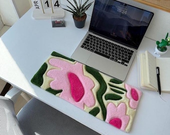 Handmade Floral Tufted Keyboard Rug, Abstract Desk Mat, Workspace Decor