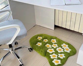 Bedside Rug, Moss Style Flower Rug, Cozy Bedroom Area Rug, Handmade Daisy Rug, Soft Green Floor Decor