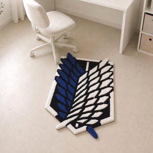 Anime wing rug placed near white desk in minimalist room