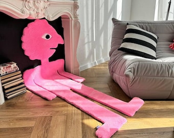 Funky Pink Tufted Rug, Handmade Custom Cartoon Area Rug, Cute Kawaii Accent Carpet, Unique Anime Style Rug, Gaming Room Decor Statement