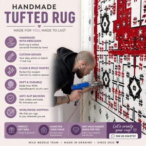 May include: A handmade tufted rug in progress, featuring a red, black, and white geometric design. The image shows a person using a tufting gun to create the rug. The text on the image says "Handmade Tufted Rug" and "Made in Ukraine."