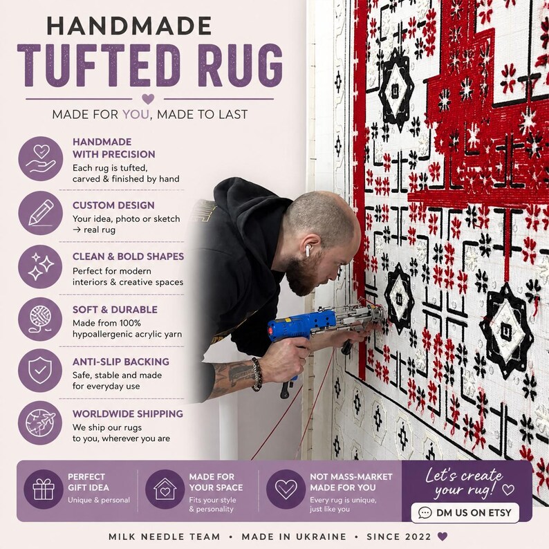 May include: A handmade tufted rug in progress, featuring a red, black, and white geometric design. The image shows a person using a tufting gun to create the rug. The text on the image says "Handmade Tufted Rug" and "Made in Ukraine."