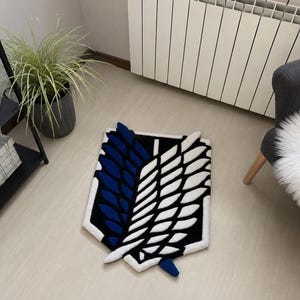Tufted anime carpet on light floor in neutral workspace interior