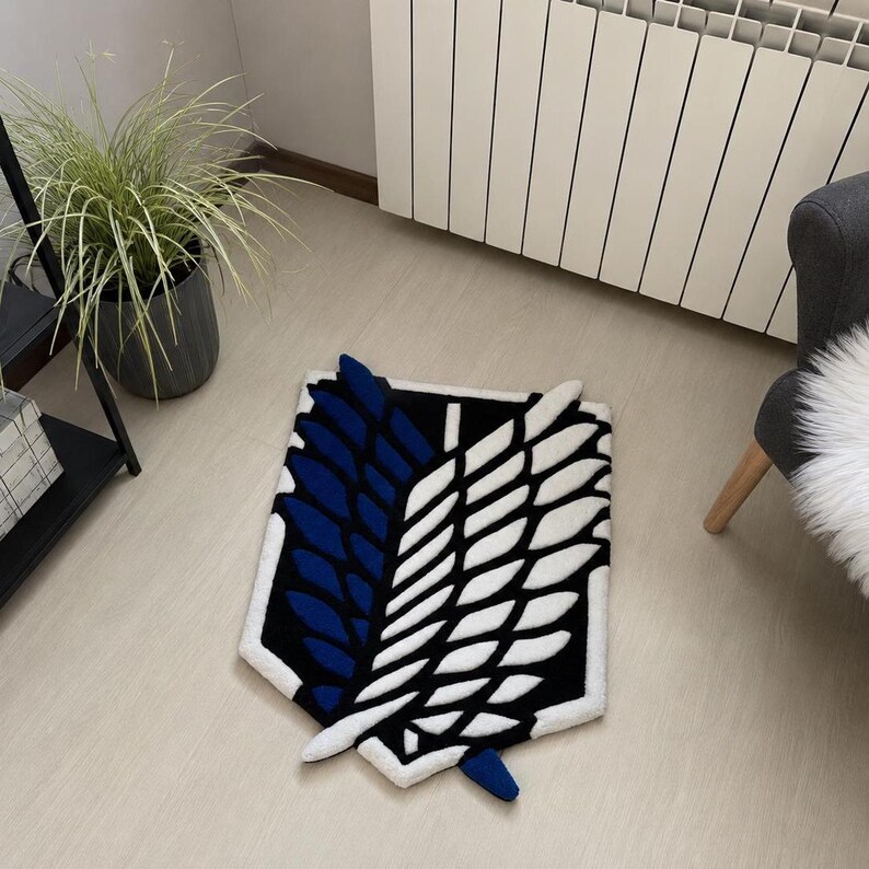 Tufted anime carpet on light floor in neutral workspace interior