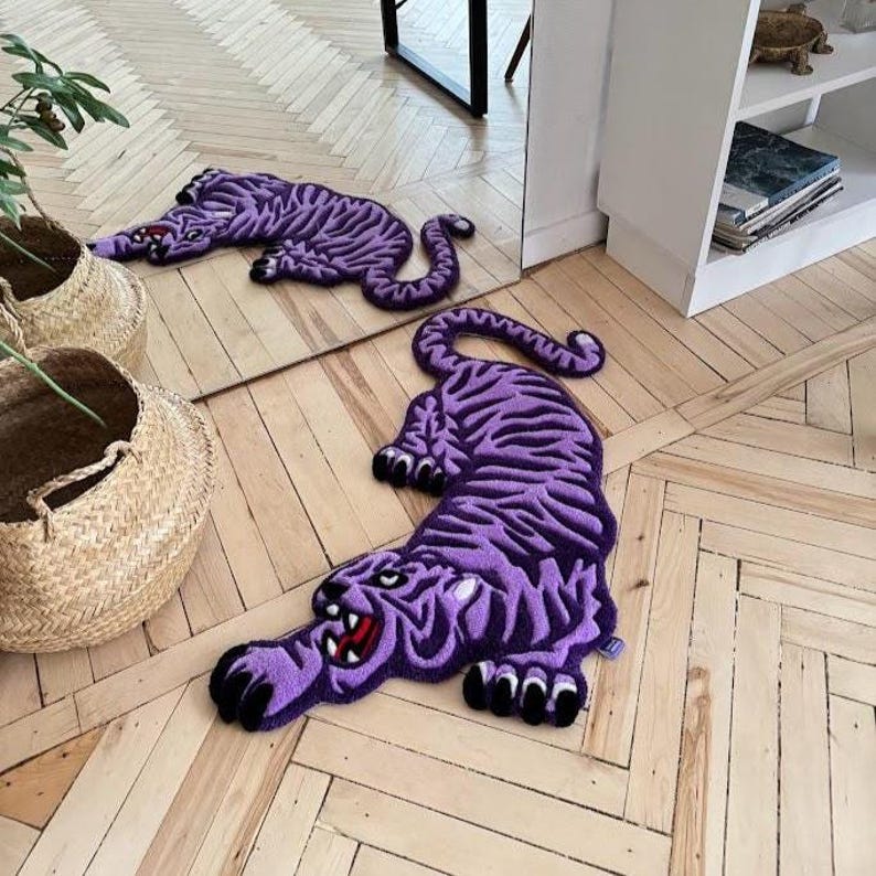 Custom tiger tufted rug, handmade animal rug, aesthetic statement rug, unique floor decor, colorful big cat rug for modern home