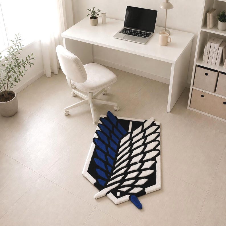 Anime wing rug placed near white desk in minimalist room