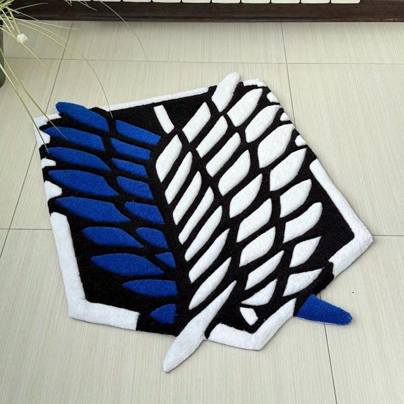 Anime inspired tufted rug placed under desk in cozy room