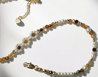 Seed Bead Flower Choker Necklace w/ Matching Bracelet - Beaded Choker Necklace, Autumn Vibes, Whimsical Style Matching Jewelry Set
