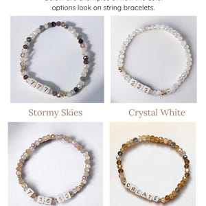 May include: Four beaded string bracelets in different color palettes: Stormy Skies, Crystal White, Pink Dreams, and Coffee Tones. Each bracelet features small, colorful beads and lettered blocks spelling out numbers or the word "CREATE". The text "COLOR PALETTE OPTIONS" is at the top.