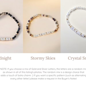 May include: Three beaded bracelets with different colored beads and letter charms spelling out "SUCCESS", "INTENTION", and "BOOKISH".