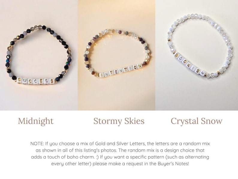 May include: Three beaded bracelets with different colored beads and letter charms spelling out "SUCCESS", "INTENTION", and "BOOKISH".