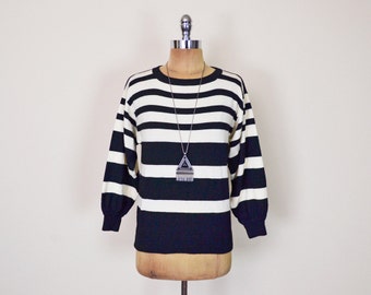 Vintage 80s 90s Black & White Stripe Sweater Stripe Jumper Wool Sweater Slouchy Oversize Sweater 90s Sweater Grunge Sweater Women S Small