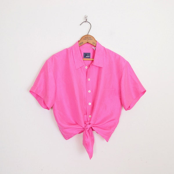 Crop Top Crop Shirt Tie Waist Shirt Pink Shirt Pink Blouse 100% Silk Shirt Silk Blouse Button Up Shirt 80s Shirt 90s Shirt Grunge M Medium