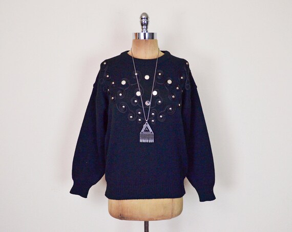 Vintage 80s 90s Black Embroider Sweater Jumper Top