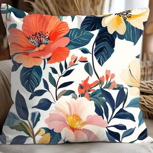 Tropical Floral Pillow, Botanical Throw Cushion, Exotic Flower Accent Decor, Hawaiian Leaf Pattern Cushion, Beach House Pillow