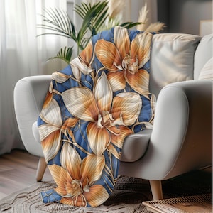 Orchids on Blue Plush Blanket: Floral Velveteen Throw