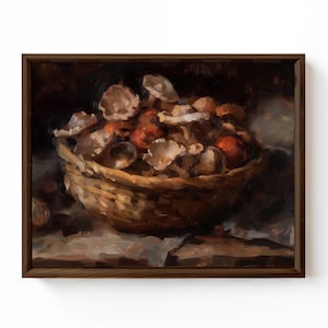 Mushroom Basket, Oyster Mushroom, fall scenery, oil painting style, vintage PRINTABLE wall art, autumn decor, cottage core, DIGITAL DOWNLOAD