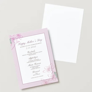 Plantilla editable de Canva para volante, cartel y menú de brunch del Día de la Madre: póster floral para eventos + tarjeta de ubicación para iglesias, restaurantes o anfitriones familiares.