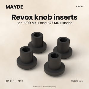 May include: A set of four black Revox knob inserts for PR99 MK II and B77 MK II knobs. Each cylindrical insert features a fluted interior and a flat circular base. The text MAYDE PARTS and SET OF 4 PETG is visible on the image.