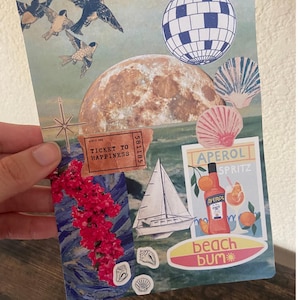 May include: A collage featuring a disco ball, a sailboat, a full moon, seashells, a ticket to happiness, a bottle of Aperol Spritz, and the text "beach bum".