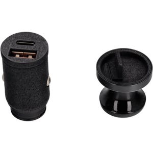 Może przedstawiać: Dwa czarne akcesoria samochodowe na białym tle. Jednym z nich jest ładowarka samochodowa USB z portem USB-C i USB-A. Drugi to czarny, okrągły, magnetyczny uchwyt do telefonu.