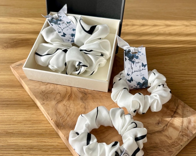 Featured listing image: Natural silk twill scrunchie, Calligraphic pattern, Italian silk, Elegant hair accessory, Couture upcycling, Scrunchie