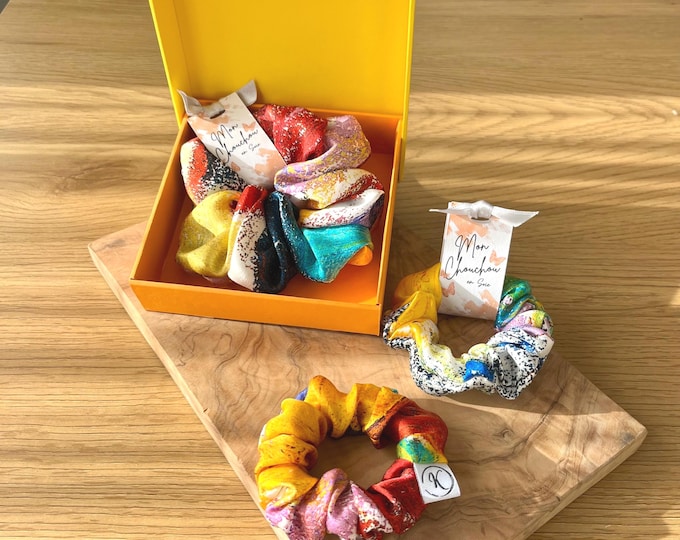 Featured listing image: Multicolored natural silk satin scrunchie, Italian fabric, Unique piece, Colorful hair accessory, Handmade luxury upcycling, Silk