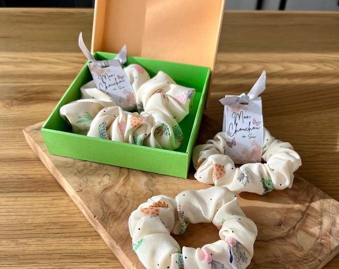 Featured listing image: Natural silk scrunchie with pineapple pattern, Lightweight satin silk, Upcycled couture, Summer hair accessory, Handmade in Switzerland, Gift for girls