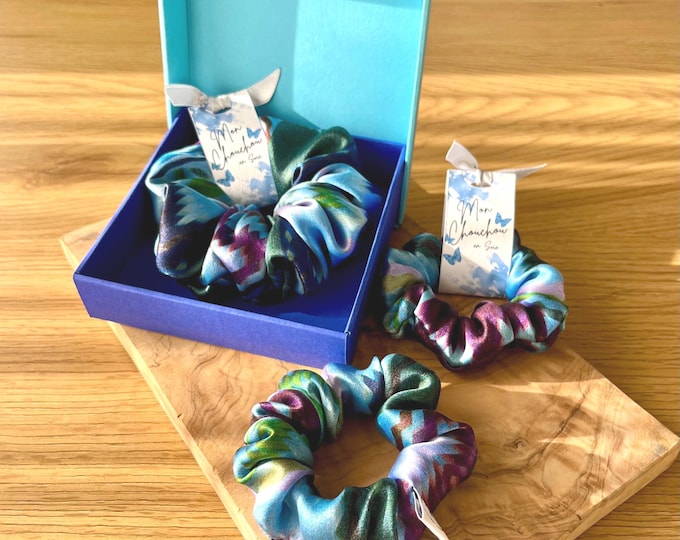 Featured listing image: Natural silk scrunchie, Gradient colors, Italian fabric, Handmade in Switzerland, Elegant hair accessory, Upcycling couture, Blue silk