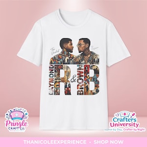 May include: A white short-sleeved t-shirt featuring a graphic print of two men facing each other. The text reads "The Vocalist," "Raymond," "R & B," "Brown," and "The Performer." The design incorporates colorful collage elements and musical motifs.