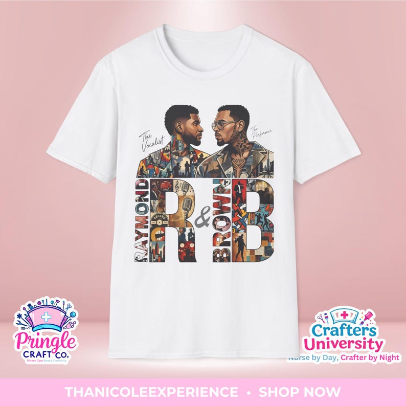 May include: A white short-sleeved t-shirt featuring a graphic print of two men facing each other. The text reads "The Vocalist," "Raymond," "R & B," "Brown," and "The Performer." The design incorporates colorful collage elements and musical motifs.