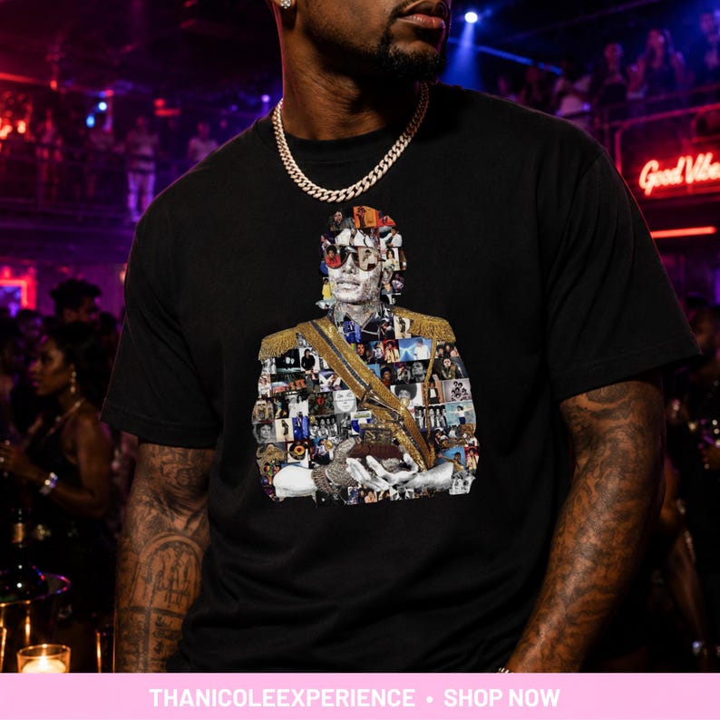 May include: A black short-sleeved t-shirt featuring a large graphic print composed of a collage of small photographs forming the portrait of a person wearing sunglasses and a military-style jacket with gold epaulets and a diagonal sash across the chest.