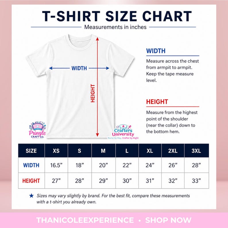 May include: A T-shirt size chart displaying a white T-shirt with width and height measurement arrows. The chart includes instructions for measuring width and height in inches, a table listing sizes XS through 3XL with corresponding measurements in inches.