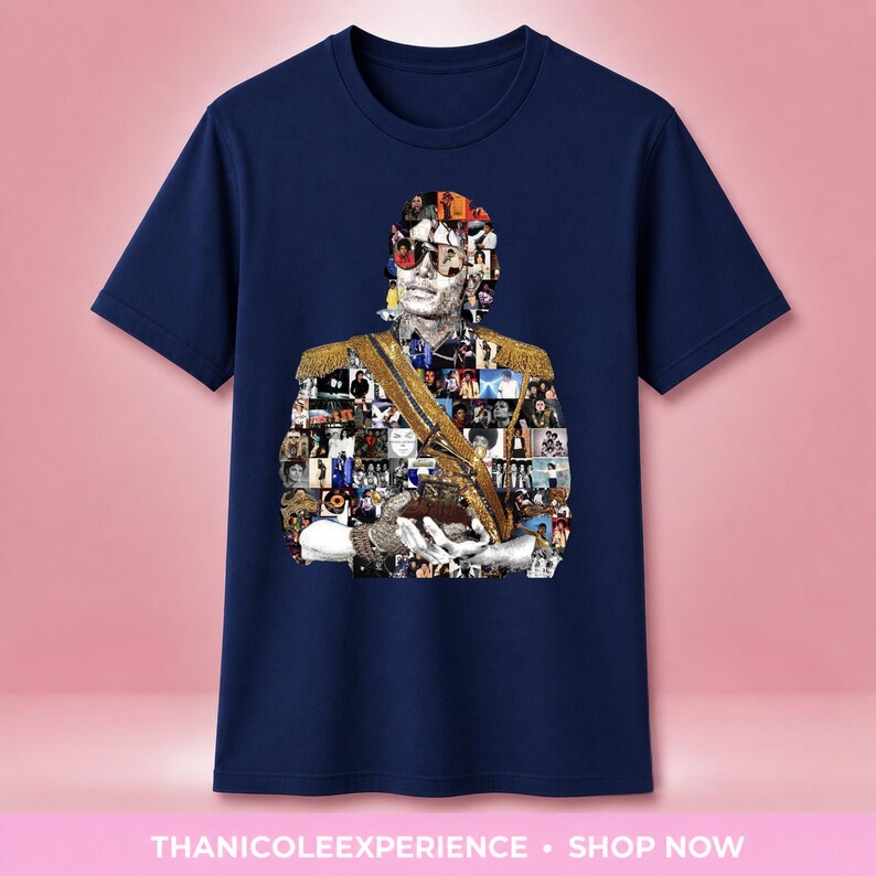 May include: A navy blue short-sleeve t-shirt featuring a central graphic collage of a person wearing sunglasses and a gold military-style jacket with epaulets. The image is composed of numerous smaller photographs arranged to form the figure's silhouette.
