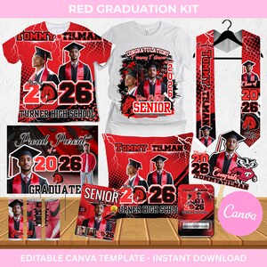May include: A red graduation kit featuring a t-shirt, pillow, sash, and other items. The designs include the graduate's photo, the year 2026, and the school name. The text "SENIOR" and "Proud Parent" are also visible.