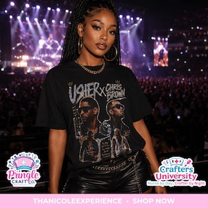May include: A black short-sleeved t-shirt featuring a graphic print of Usher and Chris Brown with the text "USHER X CHRIS BROWN" in a stylised font. The design includes smaller images of the artists, crowns, and decorative elements on the front.
