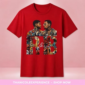 May include: A red short-sleeved t-shirt featuring a graphic print of two men facing each other. Below them, the large letters R and B are filled with a collage of various musical scenes and silhouettes. The design is centered on the chest area.