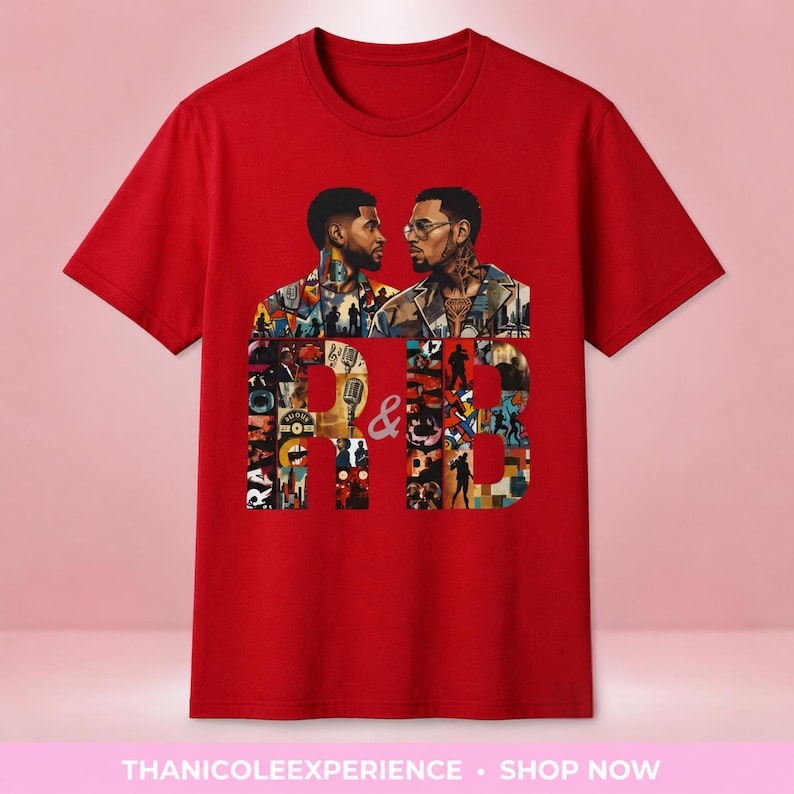 May include: A red short-sleeved t-shirt featuring a graphic print of two men facing each other. Below them, the large letters R and B are filled with a collage of various musical scenes and silhouettes. The design is centered on the chest area.