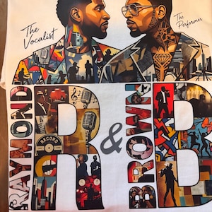 May include: A white t-shirt featuring a graphic print of two men facing each other with the text The Vocalist and The Performer. The design includes large letters spelling RAYMOND R & BROWN B filled with various musical and performance imagery.