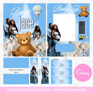 May include: A baby shower Canva template in shades of blue, featuring a couple, a teddy bear, and the name "Jace." The design includes decorative elements like a hot air balloon, baby blocks, and text boxes. The template is designed for instant download.