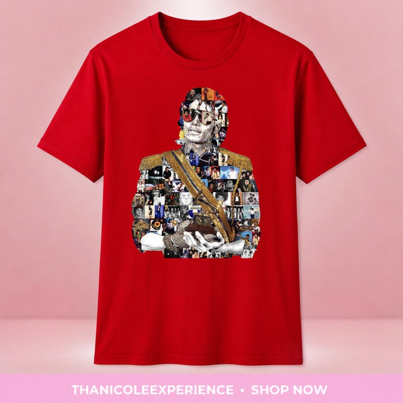 May include: A bright red short-sleeved t-shirt featuring a large central graphic collage of Michael Jackson. The image depicts a figure wearing sunglasses and a gold-trimmed military-style jacket, constructed from numerous smaller photographic tiles.