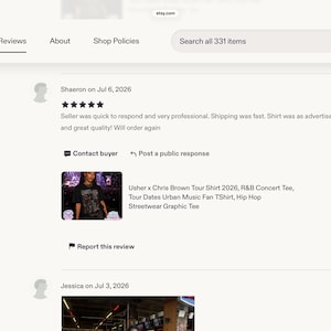 May include: A digital screenshot of an Etsy review page displaying a black graphic t-shirt featuring Usher and Chris Brown. The text reads Usher x Chris Brown Tour Shirt 2026, R&B Concert Tee, Tour Dates Urban Music Fan TShirt, Hip Hop Streetwear Graphic Tee.