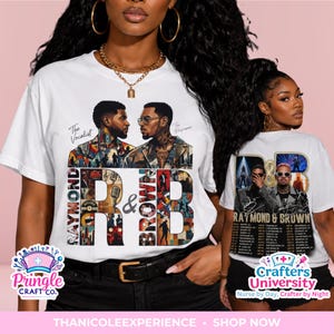 May include: A white short-sleeve t-shirt featuring a graphic print of two men with the text "Raymond & Brown" and "The Vocalist" and "The Performer". The design includes a collage of musical imagery and city names listed on the back.