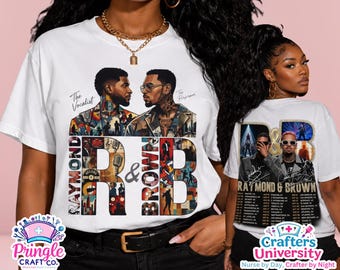 May include: A white short-sleeve t-shirt featuring a graphic print of two men with the text "Raymond & Brown" and "The Vocalist" and "The Performer". The design includes a collage of musical imagery and city names listed on the back.