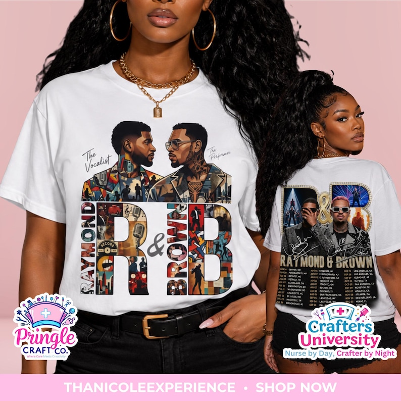 May include: A white short-sleeve t-shirt featuring a graphic print of two men with the text "Raymond & Brown" and "The Vocalist" and "The Performer". The design includes a collage of musical imagery and city names listed on the back.