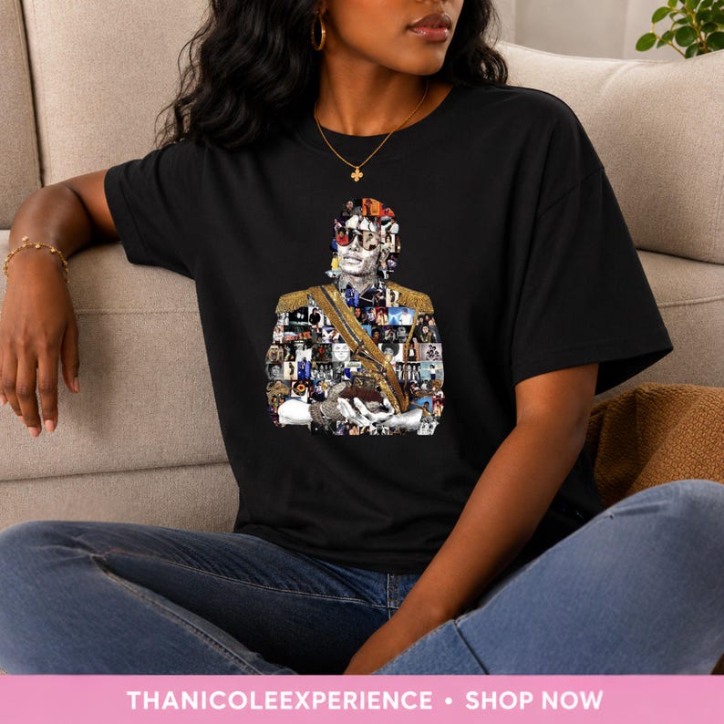 May include: A black short-sleeved t-shirt featuring a graphic print of a person wearing a military-style jacket with gold epaulets and sunglasses. The graphic is composed of a collage of smaller images. The shirt has a crew neckline and a relaxed fit.